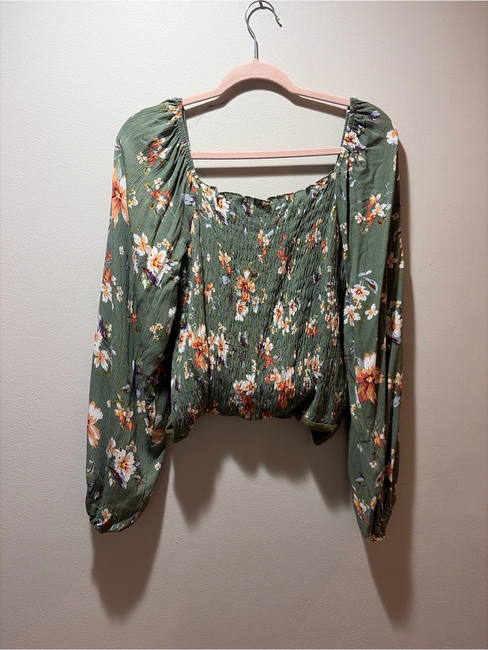 Smocked Square-Neck Floral Bodysuit in Olive Green